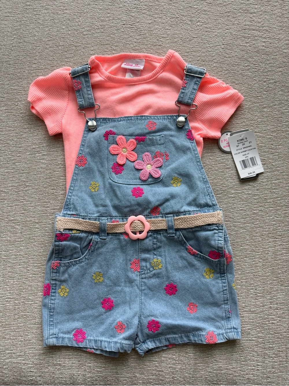 Little Lass 2 Pieces Set with Embroidered Denim Floral Overall